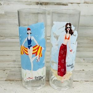 Lot Of 2 Melissa Gitelman 2002 Plastic Glasses Tumblers Swim Girl & Island Girl